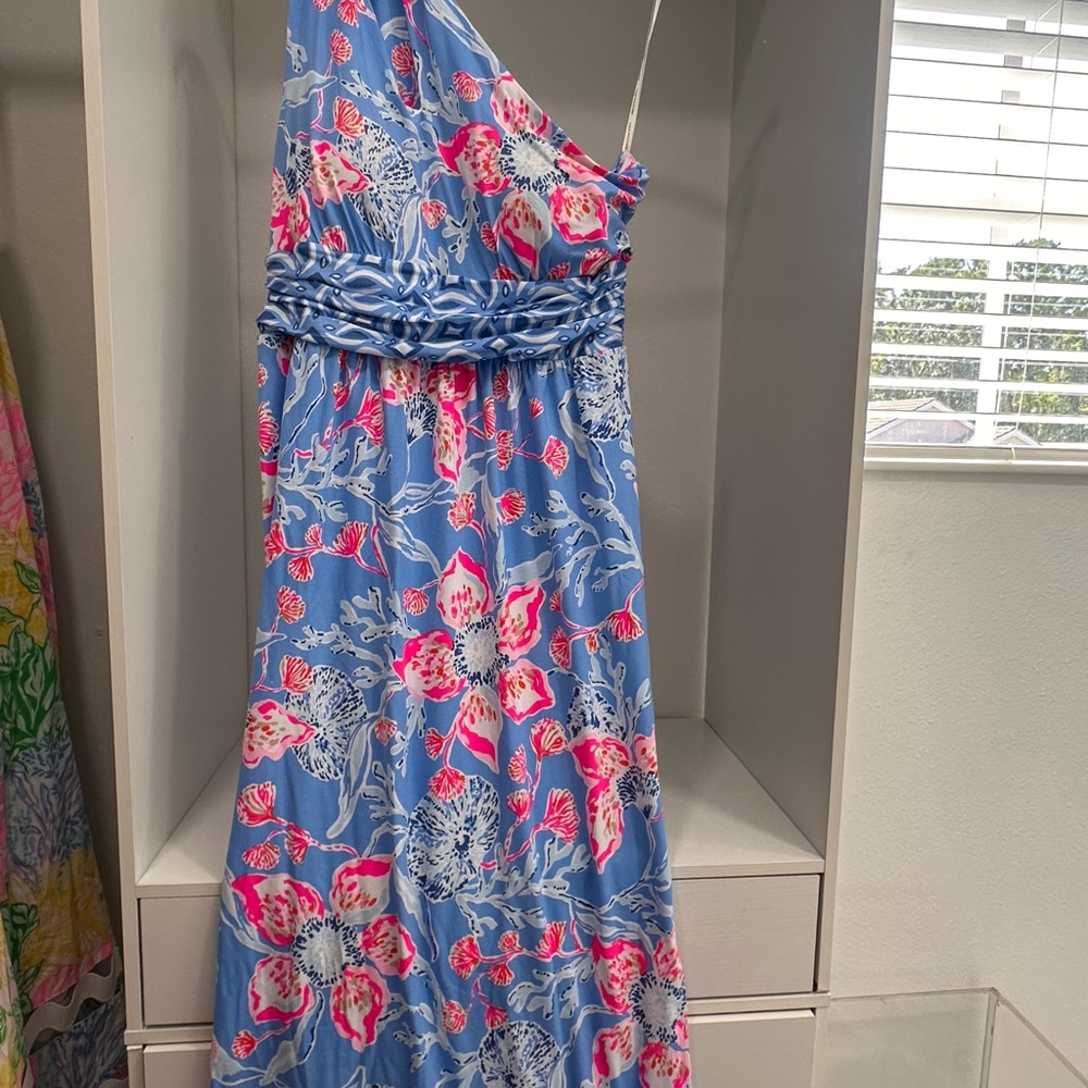 Lilly Pulitzer One-Shoulder Floral Sheath Dress in Turquoise and Pink - Picture 4 of 7